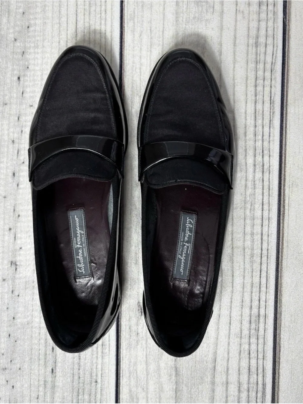 Salvatore Ferragamo Black Men's Slip-On Loafers with Patent Band